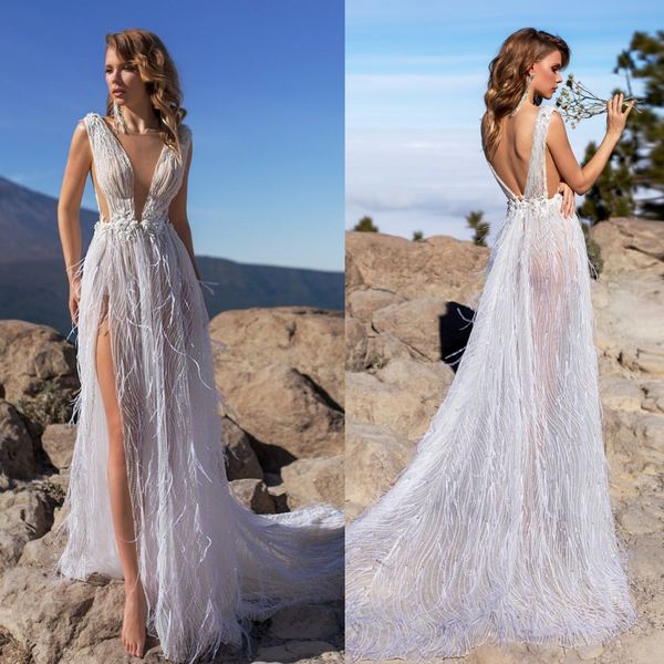 2020 split feather wedding dresses luxury beading v neck boho lace appliqued bridal gowns country style garden beach wedding dress, White
2020 split feather wedding dresses luxury beading v neck boho lace appliqued bridal gowns country style garden beach wedding dress, White