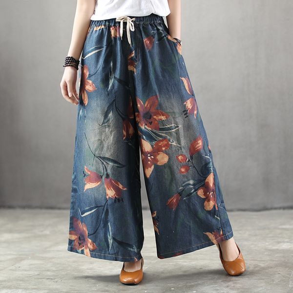 summer new nation style floral print vintage denim wide leg pants woman elastic waist casual loose plus size baggy jeans pants, Blue
summer new nation style floral print vintage denim wide leg pants woman elastic waist casual loose plus size baggy jeans pants, Blue