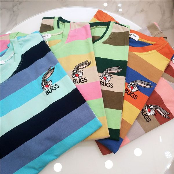 contrast color striped cartoon embroidery 2020 short-sleeved t-shirt women's large size loose cotton breathable top, White
contrast color striped cartoon embroidery 2020 short-sleeved t-shirt women's large size loose cotton breathable top, White