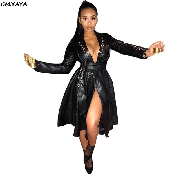 women new 2019 pu faux leather long sleeve eyelet deep v-neck with belt pleated big swing long jackets coat dress glmh5901, Black
women new 2019 pu faux leather long sleeve eyelet deep v-neck with belt pleated big swing long jackets coat dress glmh5901, Black