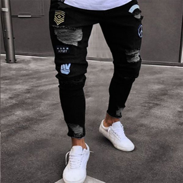 nouveau mode hommes trou broderie jeans hip-hop slim hommes jeans style de rue 2019, Blue