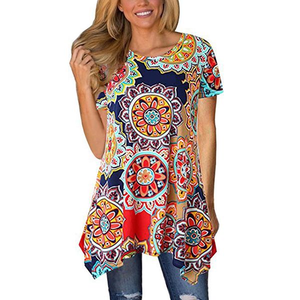 short sleeve women blouse spring floral printed summer shirts sleeve o neck asymmetrical tunic loose long blouse, White
short sleeve women blouse spring floral printed summer shirts sleeve o neck asymmetrical tunic loose long blouse, White