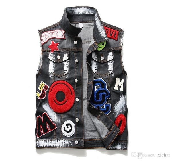 classic vintage men more badge denim vest sleeveless jeans jacket slim fit painted fashion designer letters patchwork waistcoat 910, Black;white
classic vintage men more badge denim vest sleeveless jeans jacket slim fit painted fashion designer letters patchwork waistcoat 910, Black;white