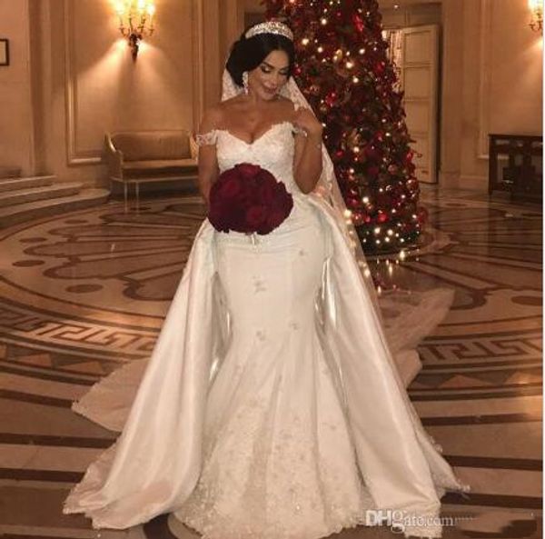 2020 elegant beaded lace wedding dresses with detachable train off shoulder mermaid bridal gowns applique ivory satin wedding dress, White
2020 elegant beaded lace wedding dresses with detachable train off shoulder mermaid bridal gowns applique ivory satin wedding dress, White