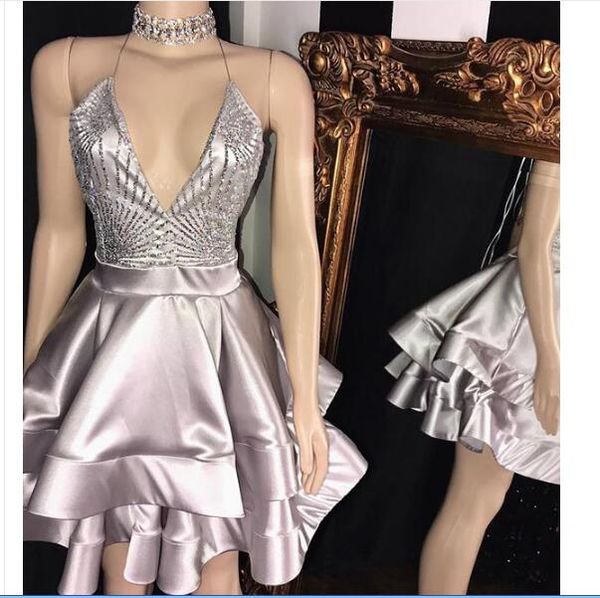 a line silver elastic satin homecoming dresses a line v neck ruffles short cocktail gowns open back, Red
a line silver elastic satin homecoming dresses a line v neck ruffles short cocktail gowns open back, Red