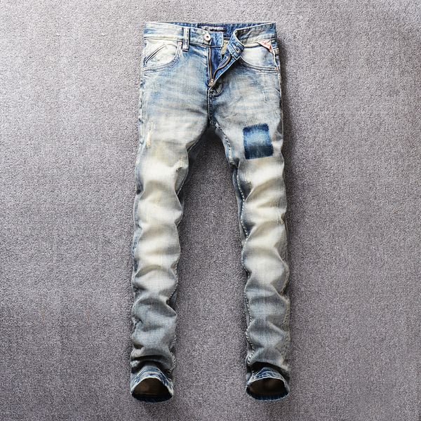 vintage designer fashion men's jeans light color retro washed slim fit little elastic ripped jeans for men classical homme, Blue
vintage designer fashion men's jeans light color retro washed slim fit little elastic ripped jeans for men classical homme, Blue