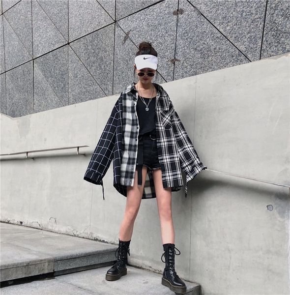 spring and autumn harajuku street retro personality boyfriend style wide pine bf plaid shirt splice long sleeves tide women and men shirts, White
spring and autumn harajuku street retro personality boyfriend style wide pine bf plaid shirt splice long sleeves tide women and men shirts, White