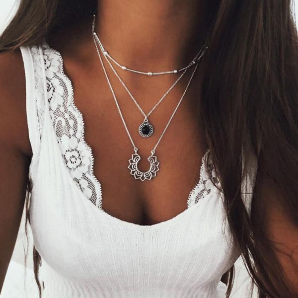 anniversary wedding 3 layers bohemian style women necklace fashion hanging party wear dressing accessory lotus pendant plating, Silver
anniversary wedding 3 layers bohemian style women necklace fashion hanging party wear dressing accessory lotus pendant plating, Silver