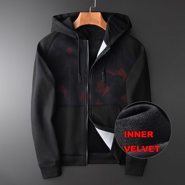 minglu hooded sweatshirt men luxury chest mesh printing add velvet hoodies men plue size 4xl composite fabric mens hoodies, Black