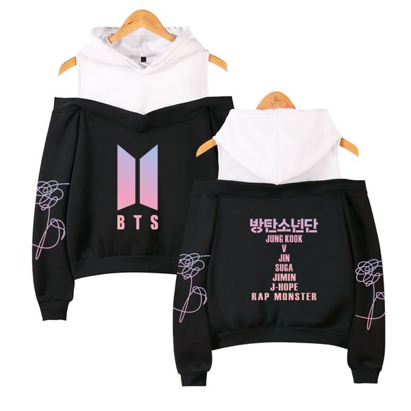 Kpop BTS Letters Printed Women Shoulder Bare Hoodies Spring Autumn Casual Hip Hop Pullovers Sweatshirts Hooded Tops