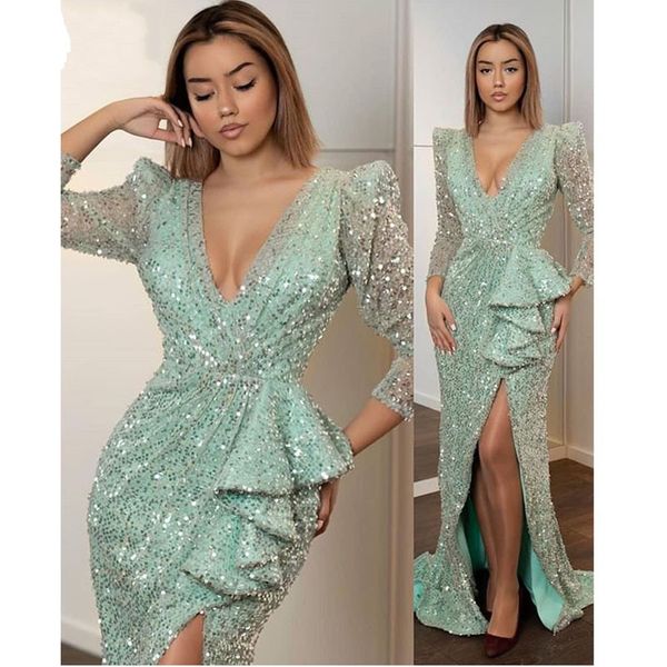 sequined prom dresses high side split long sleeves peplum women formal wear mermaid evening dress deep v neck vestidos de noche, Black
sequined prom dresses high side split long sleeves peplum women formal wear mermaid evening dress deep v neck vestidos de noche, Black