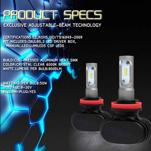 car h11 led headlight bulbs 50w 8000lm 6000k all-in-one conversion kit chips bulb for drl fog lights white