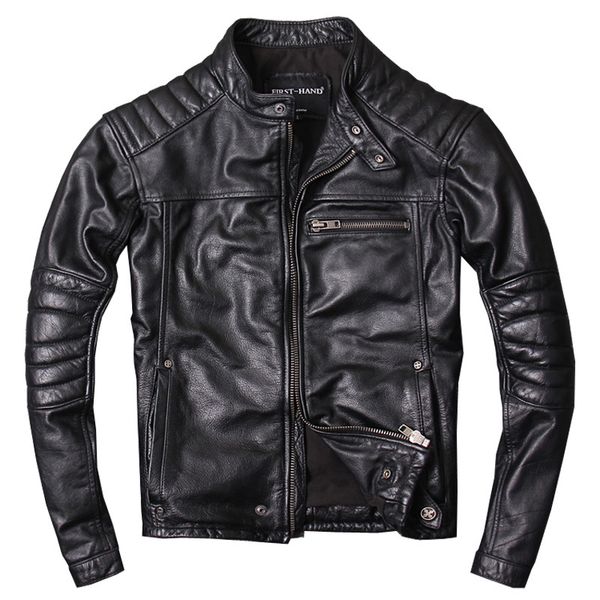 

vintage genuine leather jacket men fashion casual standard cow leather bomber jacket biker men genuine fur jackets and coats, Black