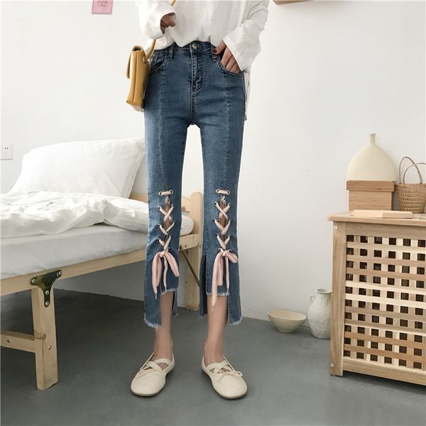 2019 summer woman's jeans high waist tie rope denim pants female thin stretch calf-length jeans, Blue
2019 summer woman's jeans high waist tie rope denim pants female thin stretch calf-length jeans, Blue