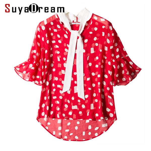 

women silk blouse 100% real silk georgette dots printed blouse shirt ruffles half sleeved 2019 summer shirt red, White