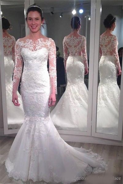 long sleeve scoop neck mermaid wedding dresses appliues chapel train button bridal wedding gowns vestido de casamento, White
long sleeve scoop neck mermaid wedding dresses appliues chapel train button bridal wedding gowns vestido de casamento, White