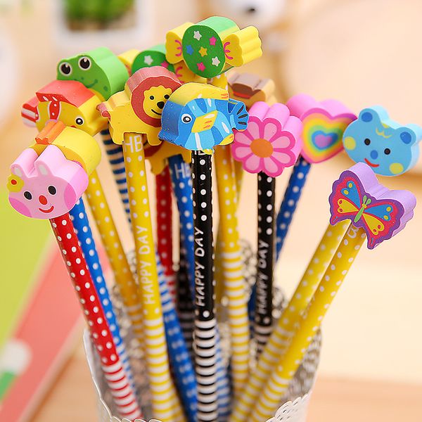 Pencils With Erasers Colorful Novelty Cartoon Animals' Stripe Eraser Wood Pencils For Students & Children Gift