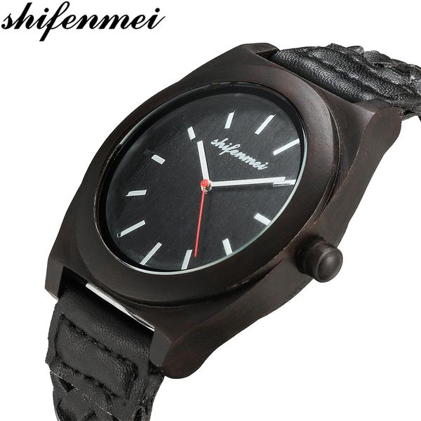 

shifenmei watches mens 2019 wooden watch men minimalism quartz clock genuine leather bangle male sports clock relogio masculino, Slivery;brown