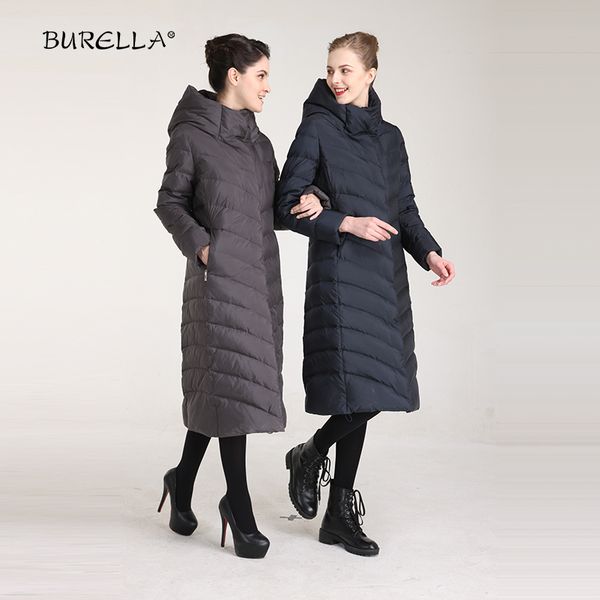

burella 2019 slim fit women down jacket winter turtleneck with hat long sleeves knee-length down coat female vn-175pw, Black