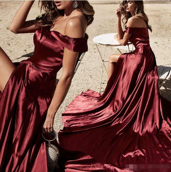 off the shoulder burgundy satin prom dresses ruched front high slit 2019 plus size custom made formal occasion wear evening party gowns, Black
off the shoulder burgundy satin prom dresses ruched front high slit 2019 plus size custom made formal occasion wear evening party gowns, Black