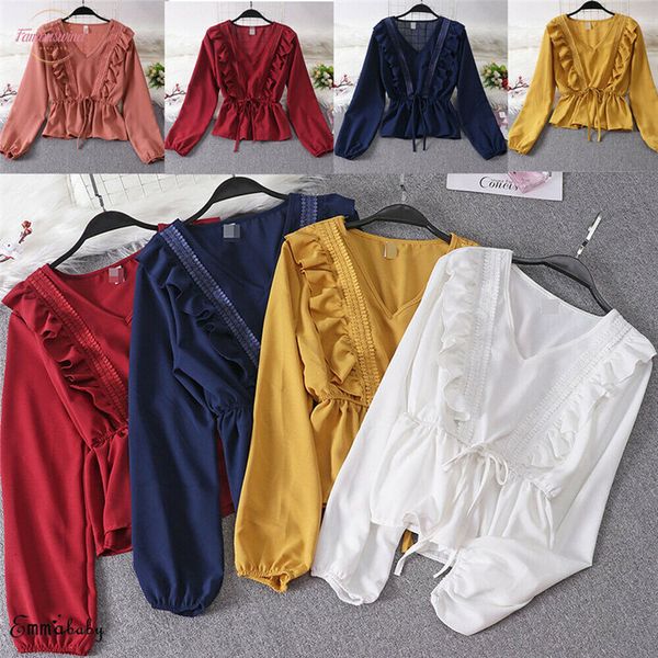 women v neck ladies solid ruffle tie chiffon summer casual loose shirt blouse full sleeve solid, White
women v neck ladies solid ruffle tie chiffon summer casual loose shirt blouse full sleeve solid, White