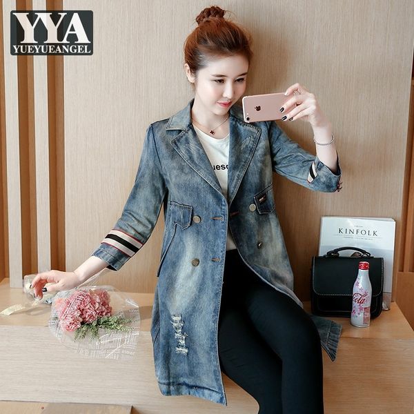turn-down collar distressed denim windbreakers vintage double breasted slim fit long trench casual female office spring coats, Tan;black
turn-down collar distressed denim windbreakers vintage double breasted slim fit long trench casual female office spring coats, Tan;black
