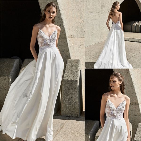 boho a-line wedding dresses appliqued lace spaghetti strap sleeveless backless bridal gowns sweep train beach robes de mariée, White
boho a-line wedding dresses appliqued lace spaghetti strap sleeveless backless bridal gowns sweep train beach robes de mariée, White