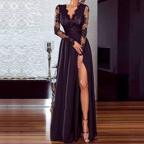 women elegant party dress v neck lace long sleeve split long dress, Black;gray
women elegant party dress v neck lace long sleeve split long dress, Black;gray
