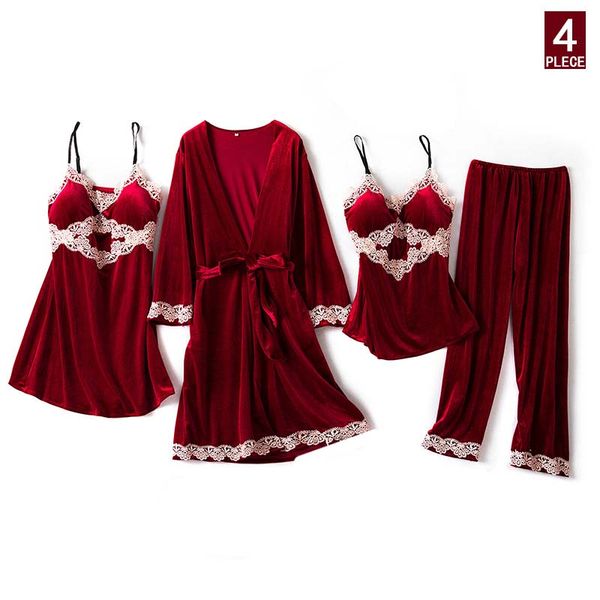 women pajamas 4 pieces gold velvet winter warm pajamas set thickening sleepwear lace home clothes pijamas with chest pads, Black;red
women pajamas 4 pieces gold velvet winter warm pajamas set thickening sleepwear lace home clothes pijamas with chest pads, Black;red