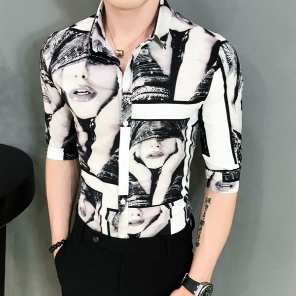2019 men's fashion casual seven-point sleeve women's printed shirt men's social business dress shirt, White;black
2019 men's fashion casual seven-point sleeve women's printed shirt men's social business dress shirt, White;black