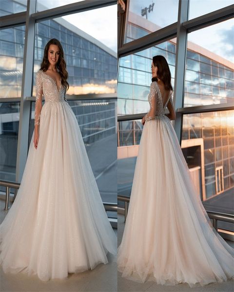 elegant wedding dresses v-neck long sleeve backless bridal dress appliqued lace sequins beaded sweep train bridal gown custom made, White
elegant wedding dresses v-neck long sleeve backless bridal dress appliqued lace sequins beaded sweep train bridal gown custom made, White