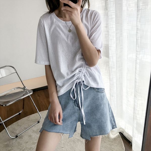010496 drawstring women's short sleeve 2020 tight high waist navel slim short waist slim t-shirt, White
010496 drawstring women's short sleeve 2020 tight high waist navel slim short waist slim t-shirt, White