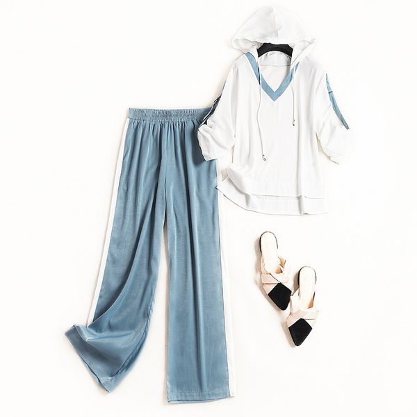 women casual active pants suit hooded color block satin and blouse + elastic waist long pants two piece set new 2019 spring, White
women casual active pants suit hooded color block satin and blouse + elastic waist long pants two piece set new 2019 spring, White