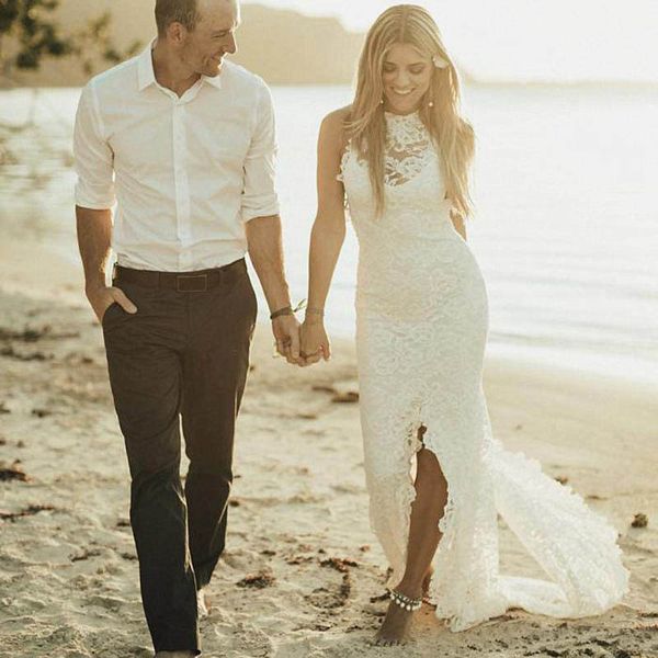 Elegant Full Lace Beach Wedding Dresses Hollow Back High Neck Front Split Long Sheath Bridal Gown Beach Wedding Gowns Custom Size
Elegant Full Lace Beach Wedding Dresses Hollow Back High Neck Front Split Long Sheath Bridal Gown Beach Wedding Gowns Custom Size
