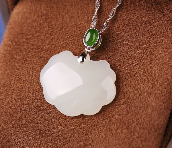 

hetian jade pendant women's 925 silver-encrusted jade white as happy as ping'an long life lock pendant