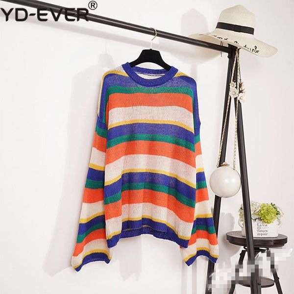 women rainbow stripes jumper thin sheer knitted wide sleeve sweater harajuku girls cozy jumper sweater, White;black
women rainbow stripes jumper thin sheer knitted wide sleeve sweater harajuku girls cozy jumper sweater, White;black