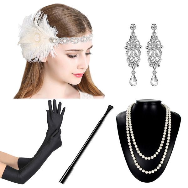 1920s flapper dress accessory set 5pcs women great gatsby dress costume accessory set glove feather headband for prom, Golden;white
1920s flapper dress accessory set 5pcs women great gatsby dress costume accessory set glove feather headband for prom, Golden;white