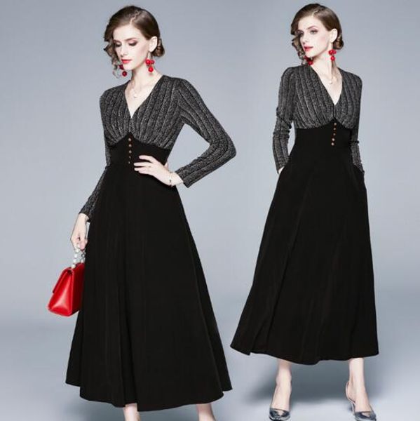 european and american new waist retro temperament v-neck dress, Black;gray