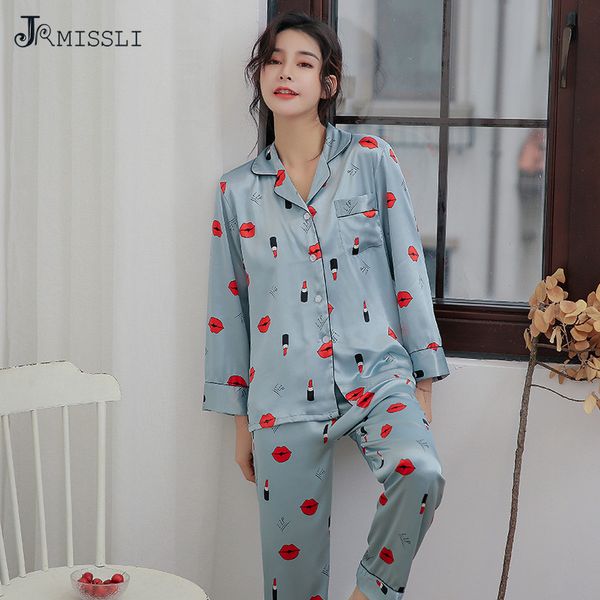 jrmissli women sleepwear satin pajamas spring female suit lips print pijama casual pyjamas women homewear, Blue;gray
jrmissli women sleepwear satin pajamas spring female suit lips print pijama casual pyjamas women homewear, Blue;gray