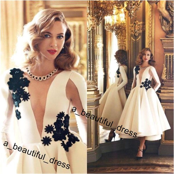 prom dresses new long sleeves illusion satin cocktail dresses satin a line tea length applique beaded party evening dresses, Black
prom dresses new long sleeves illusion satin cocktail dresses satin a line tea length applique beaded party evening dresses, Black