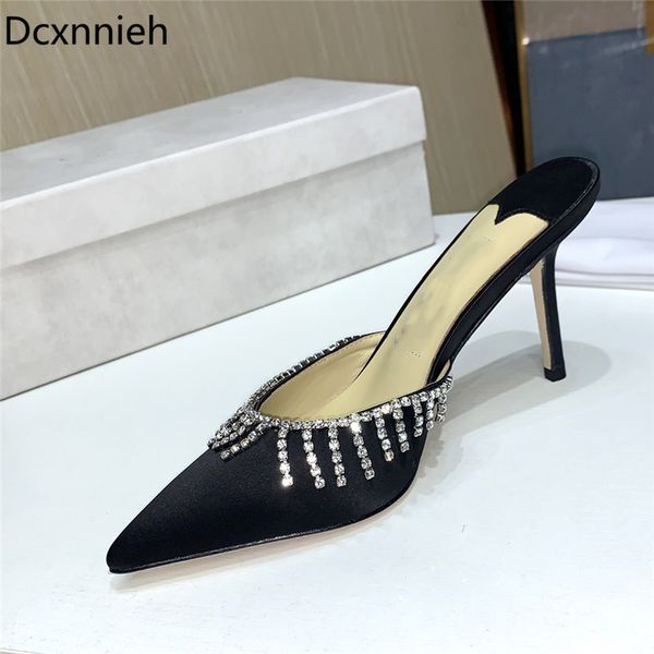 new rhinestone fringe high heels slippers women black satin pointed toe mules summer sandals woman stiletto party shoes female 
new rhinestone fringe high heels slippers women black satin pointed toe mules summer sandals woman stiletto party shoes female