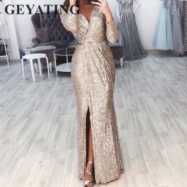 v neck split long sleeve mermaid evening dresses 2019 elegant party gowns glitter gold silver burgundy black prom dress, White;black
v neck split long sleeve mermaid evening dresses 2019 elegant party gowns glitter gold silver burgundy black prom dress, White;black