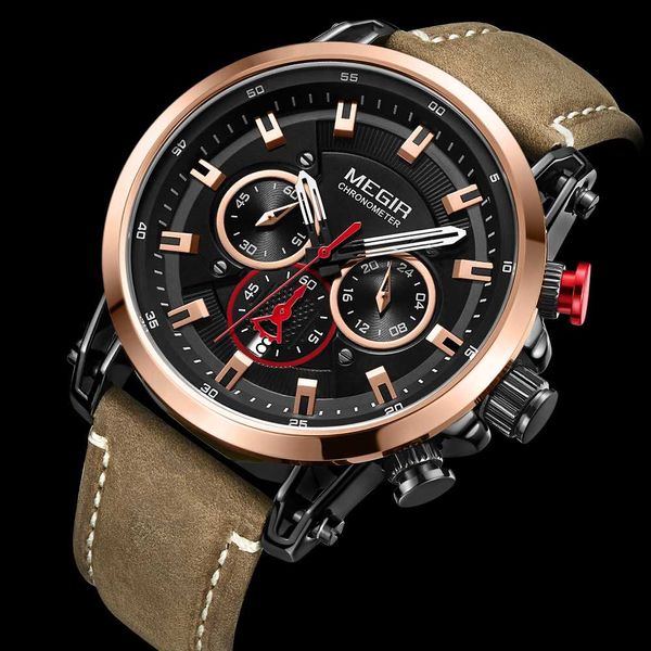 

fashion brand megir men's watch chronograph quartz watches man leather strap clock sport army date wristwatch relogios masculino, Slivery;brown