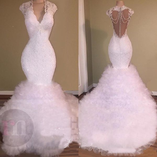 Lace Mermaid Prom Dresses With Tiered Cascading Ruffles Sheer Backless Beads Tassels Long Formal Evening Dress Vestidos African Party Wear
Lace Mermaid Prom Dresses With Tiered Cascading Ruffles Sheer Backless Beads Tassels Long Formal Evening Dress Vestidos African Party Wear