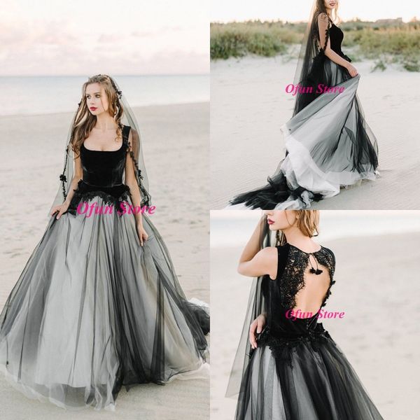 unique u neck velvet tulle gothic wedding gowns lace appliques open back sweep train beach black a line wedding dresses, White
unique u neck velvet tulle gothic wedding gowns lace appliques open back sweep train beach black a line wedding dresses, White