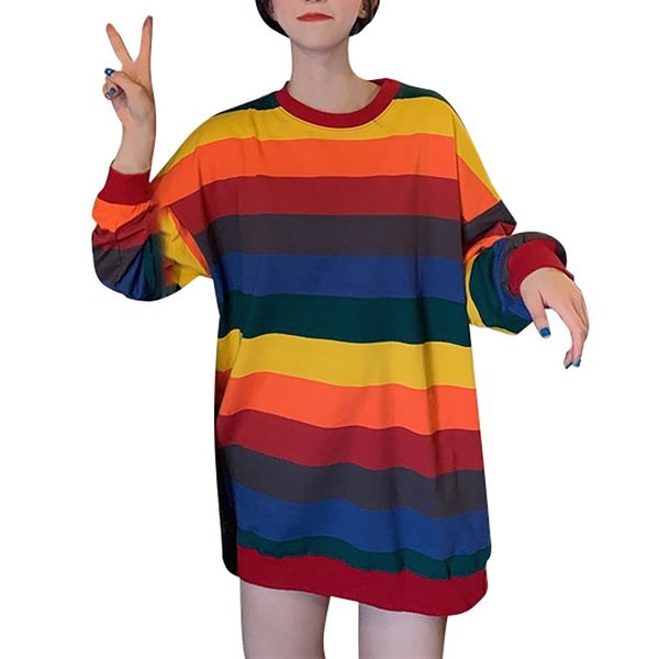 rainbow stripes gentle match blouse fashion women casual loose o-neck long sleeve print sweatshirt youthful woman clothes, Black
rainbow stripes gentle match blouse fashion women casual loose o-neck long sleeve print sweatshirt youthful woman clothes, Black