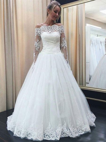 long sleeves a line wedding dresses off shoulder lace tulle wedding dresses floor length elegant bridal dress, White
long sleeves a line wedding dresses off shoulder lace tulle wedding dresses floor length elegant bridal dress, White