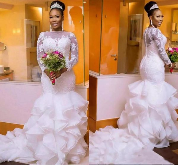 south african nigerian mermaid wedding dresses plus size 2019 long sleeve sheer neck bodycon fishtail bridal gowns beaded chic layer ruffles, White
south african nigerian mermaid wedding dresses plus size 2019 long sleeve sheer neck bodycon fishtail bridal gowns beaded chic layer ruffles, White