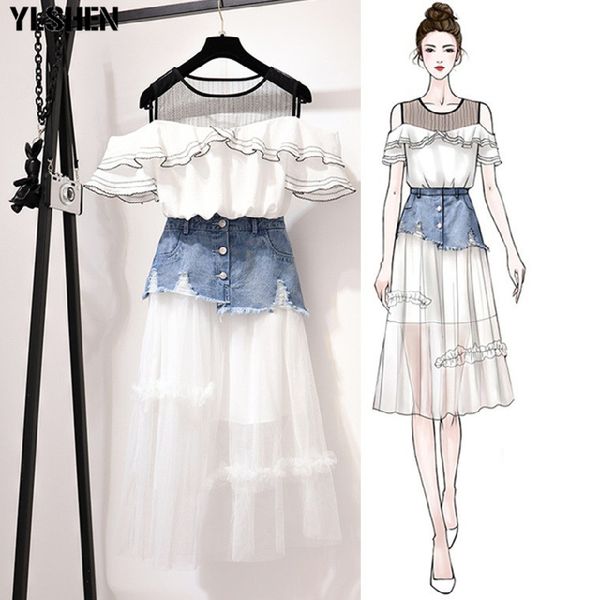 plus size 2 two piece set women summer clothes tshirt denim nifty mesh patchwork skirt clothing sets casual mid calf skirts suit, White
plus size 2 two piece set women summer clothes tshirt denim nifty mesh patchwork skirt clothing sets casual mid calf skirts suit, White