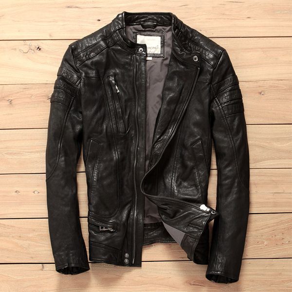 slim korean fahsion fit genuine stand collar diagonal zipper brand motorcycle jacket for men leather clothing, Black
slim korean fahsion fit genuine stand collar diagonal zipper brand motorcycle jacket for men leather clothing, Black